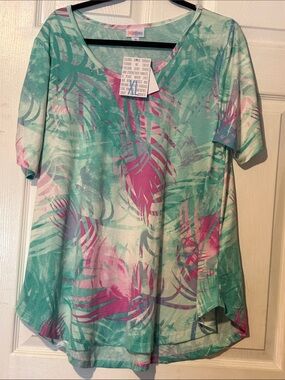 LuLaRoe Morgan Mint Green Teal Top with Pink Palm Print